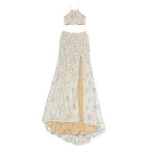 La‎ Femme 2 Piece Gown Womens 8 White Sequin Lace Halter Lace Up Slit Maxi Skirt